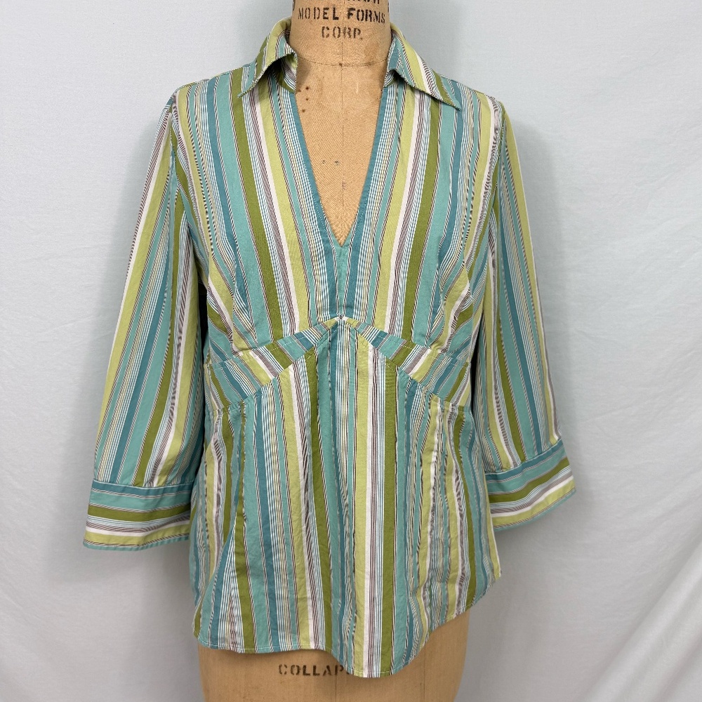 Ann Taylor Loft Womens Sz 14 V Neck Empire Waist 3/4 Sleeve Retro Green Blue Top